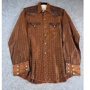 VINTAGE 50s Western Snap Shirt Mens Brown Stripe Embroidered Cowboy Large Rare